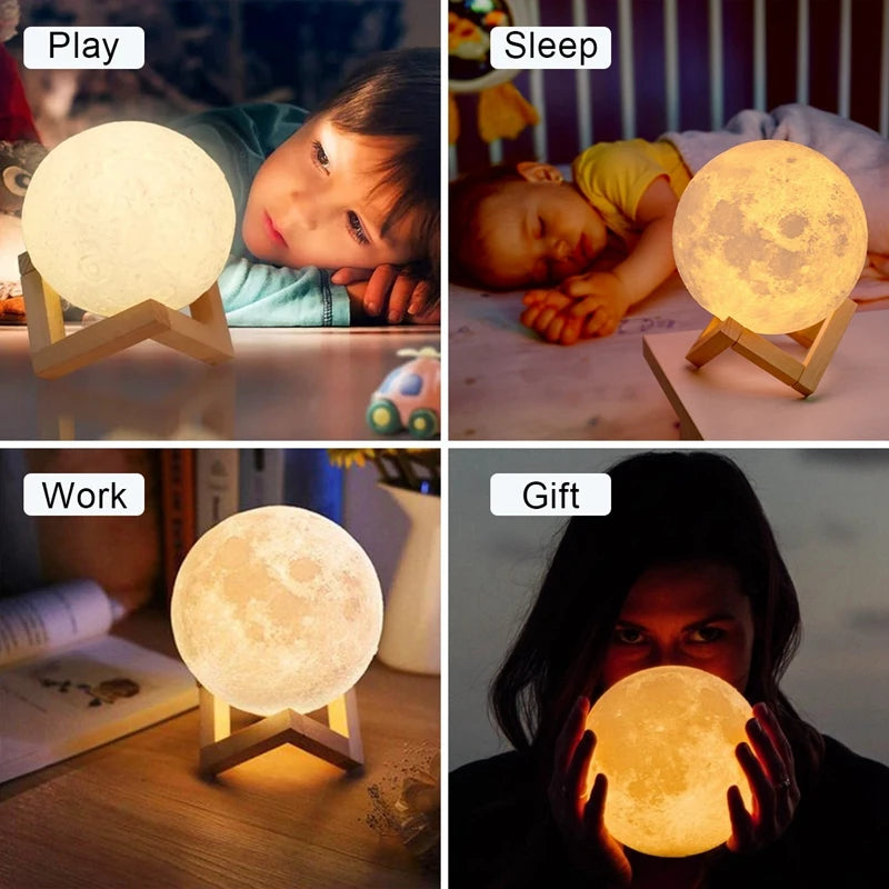 Lámpara de Luna LED 3D - Luz Nocturna Recargable con Soporte